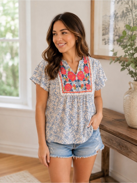 THML Tops - THML Blue Floral Blouse with Pink
Embroidered Bib